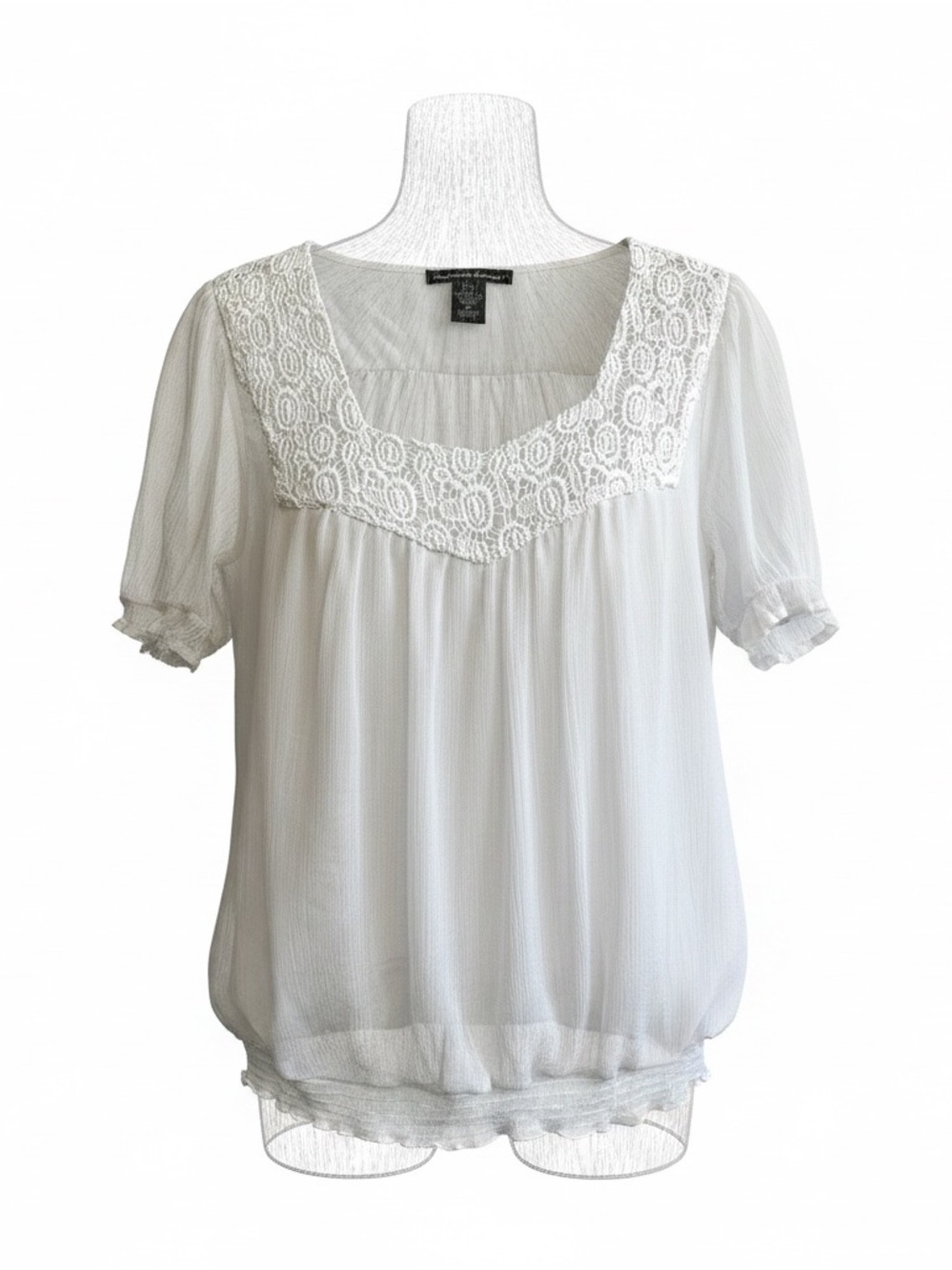 White 100% silk Lace-Trim Peasant Blouse - Women's Top Marina Luna size Medium